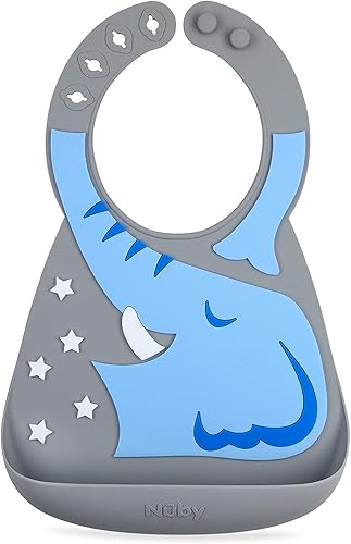 Nuby Babero 3D de silicona On The Go con cuchara para atrapar el desorden rollo para llevar 6 M elefante