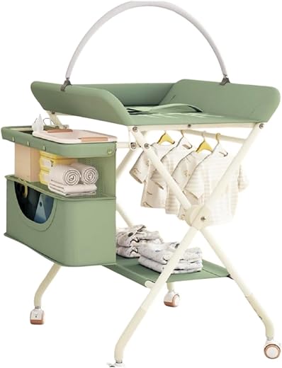 Premium Ultimate Baby Portable Folding Diaper Changing Table with Drawers and Diaper Changing Station with Wheels | Adjustable Height & with Safety Belt and Large Storage Racks for Newborn