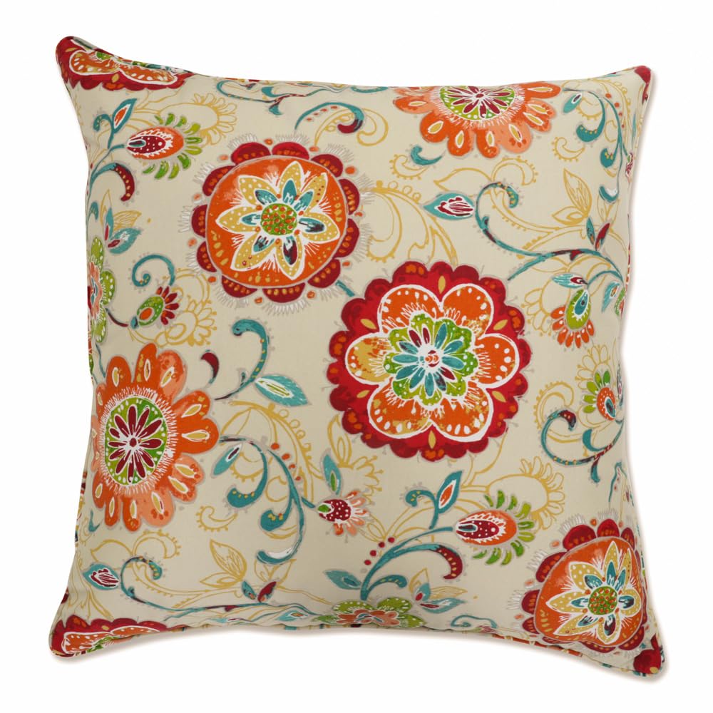 Pillow Perfect Bright Floral Indoor/Outdoor Accent Throw Pillow, Plush Fill, Weather, and Fade Resistant, Floor - 25" x 25", Tan Fanfare, 1 Count