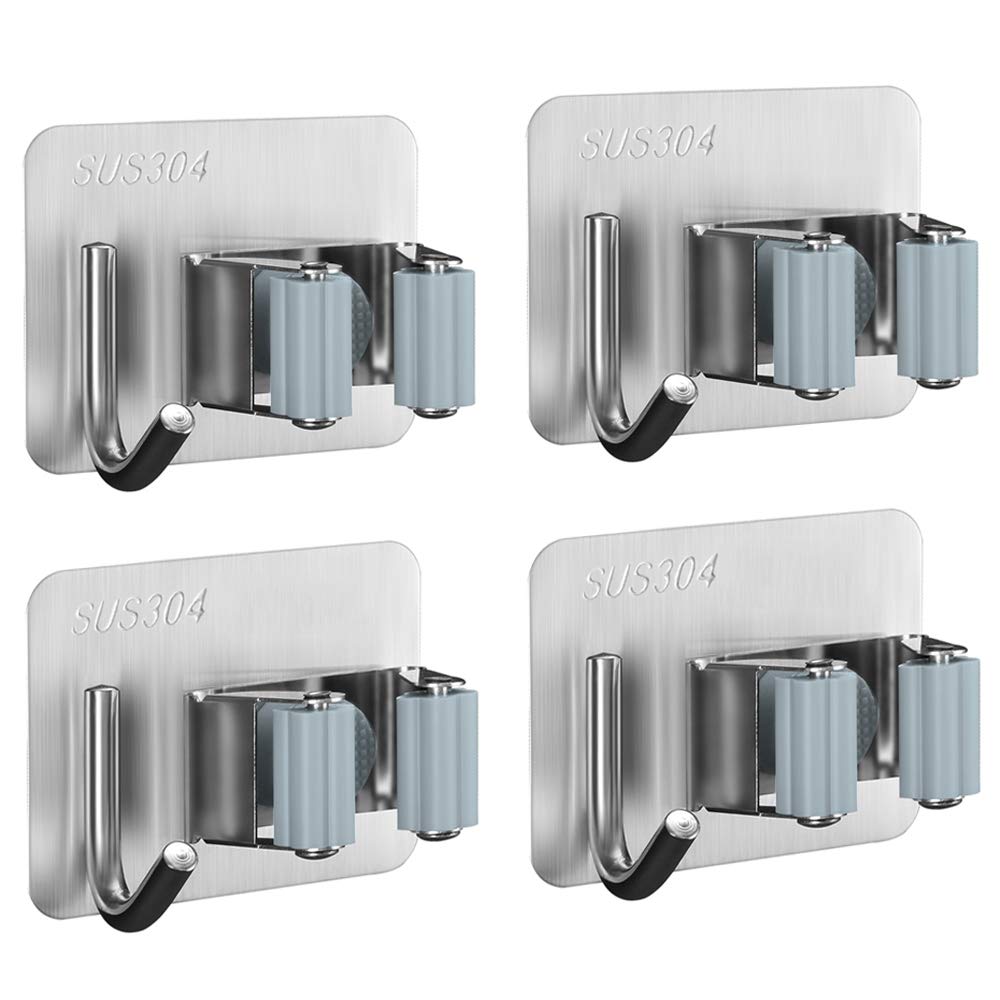 Broom Mop Hanger Wall Mount Stainless Steel Wall Mounted Storage Organizer HoldsNo Drilling Super Anti-Slip,for Kitchen Bathroom Closet Office Garden,Garage Storage Systems, 4 PCS. (Grey)-image-18