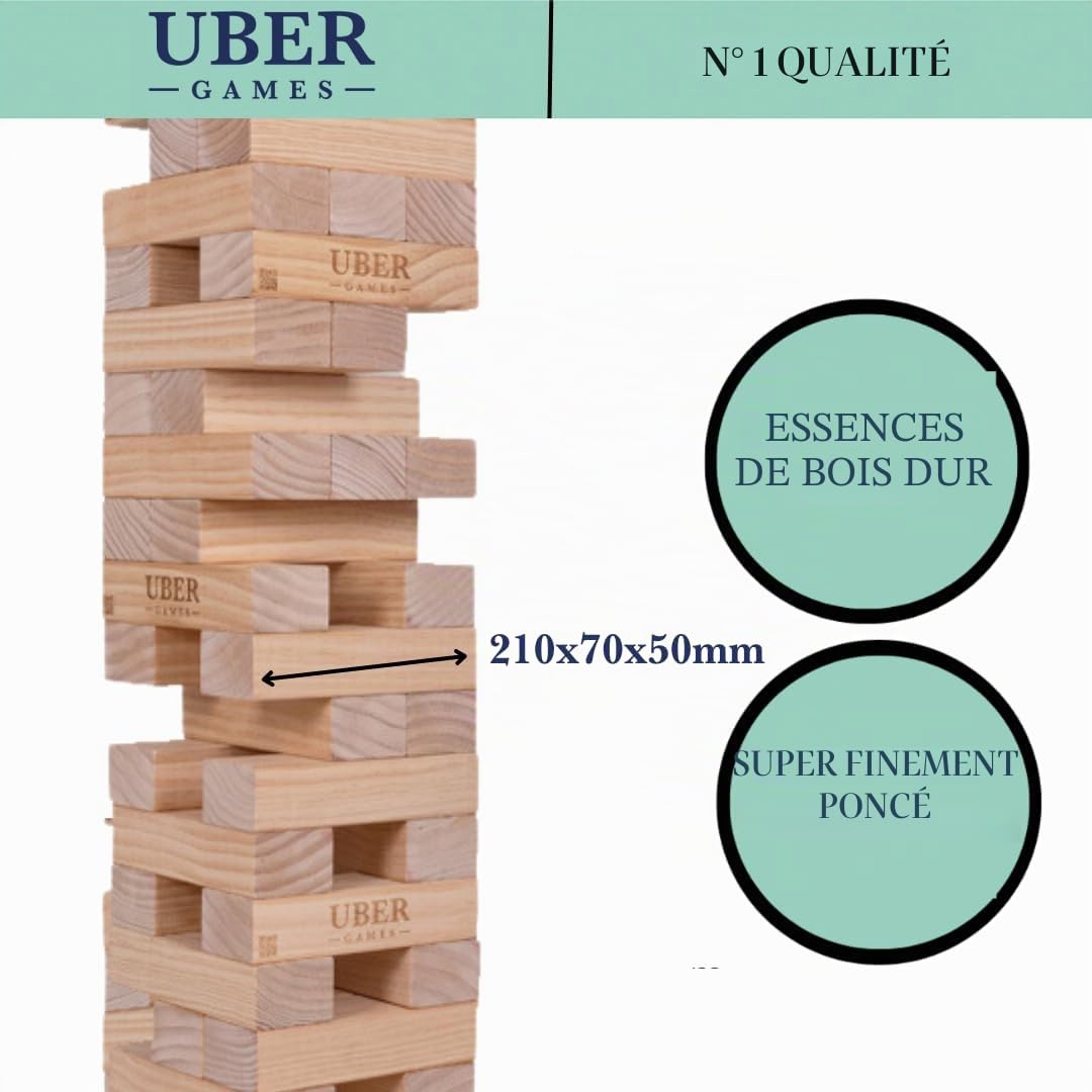 Ubergames Tour mobile géante jusqu'à 160 cm + XXL Jumbo Hi-Tower dans sac – 1,6 m (max dans le jeu. Jeu de tour en bois de pin massif – blocs de luxe supplémentaires et sac (jusqu'à 160 + cm)