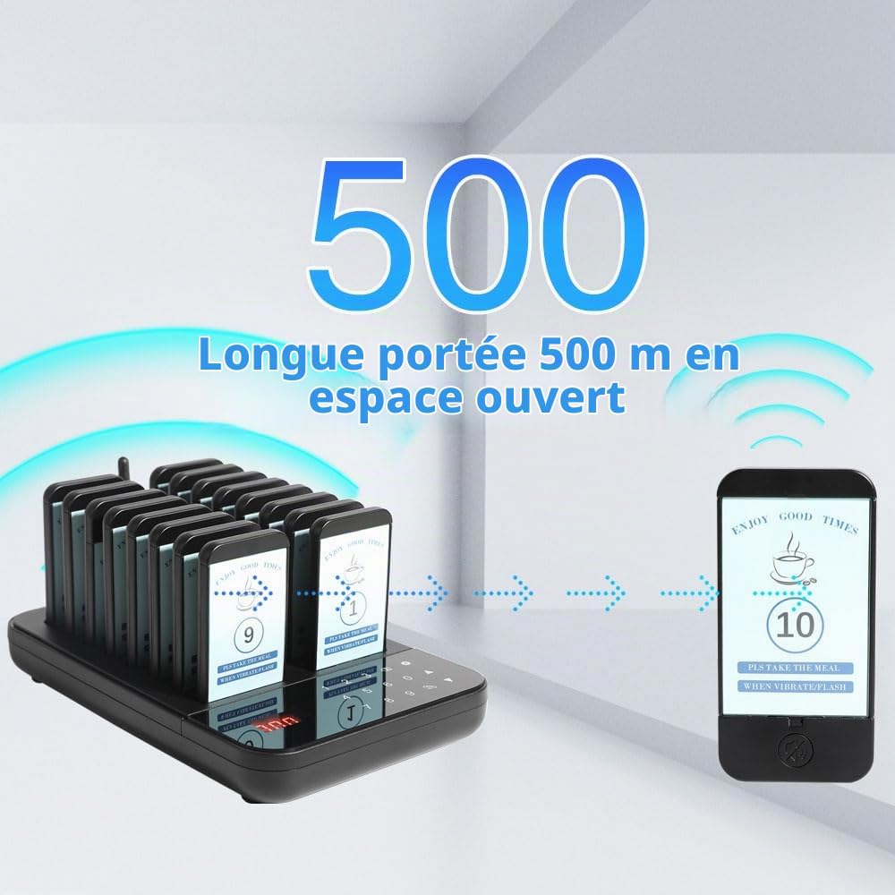 KZH Restaurant Bipeur Vibreur, 16 Bipper, 500 Meters Système d’Appel sans Fil, Prêt a l'emploi sans Appairage, Signal Peut Traverser Les Murs, pour Hôtel Bar Café Clinique, Facile à Utiliser