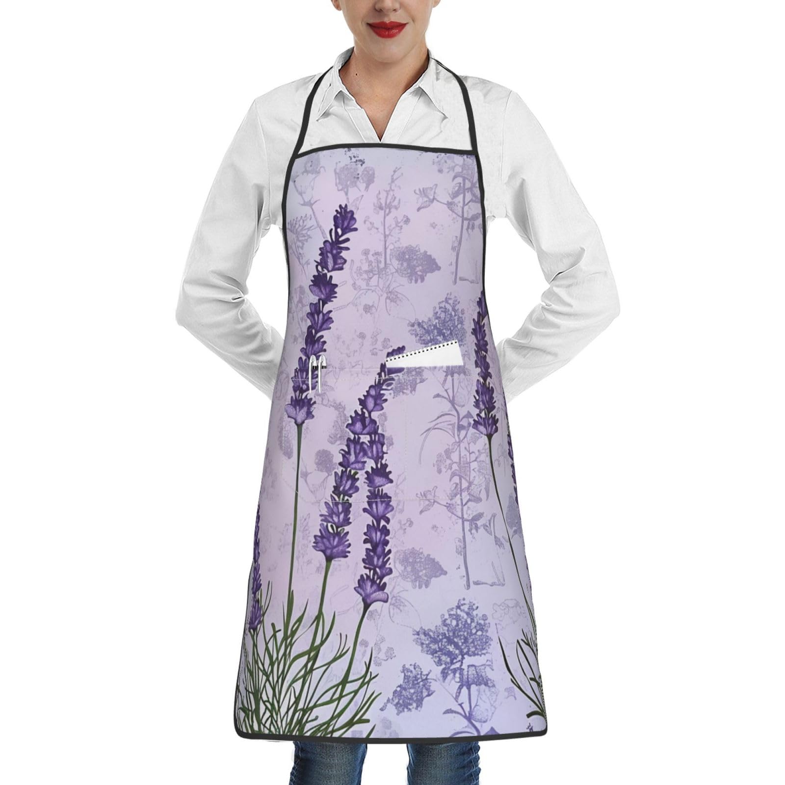 Smazdfxx Unisex As Pic Lavender Stamp Printed Adjustable Cooking Apron With Pocket, Kitchen Apron,Chef Apron,20.4X28.3in