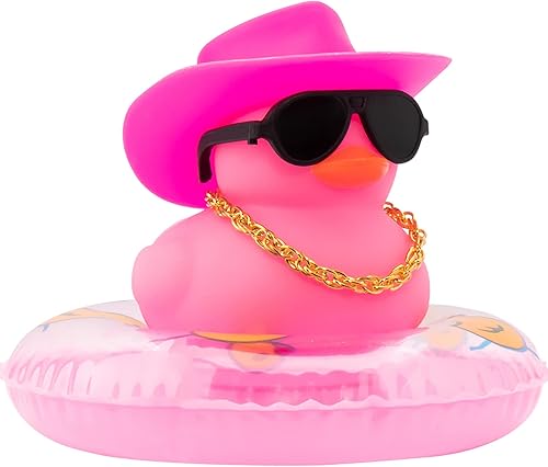 wonuu Accesorios de coche rosa, sombrero de vaquero, patos de goma, decoración de tablero de automóvil, decoración de tablero de goma, pato,