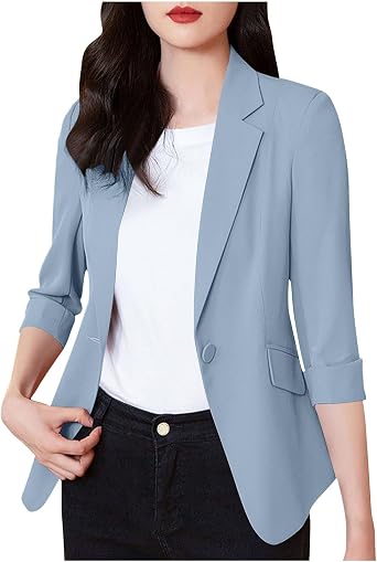 Womens Business Casual Blazers Buttons Open Front Blazer Suit 3/4 Sleeve Lightweight Work Office Outfits