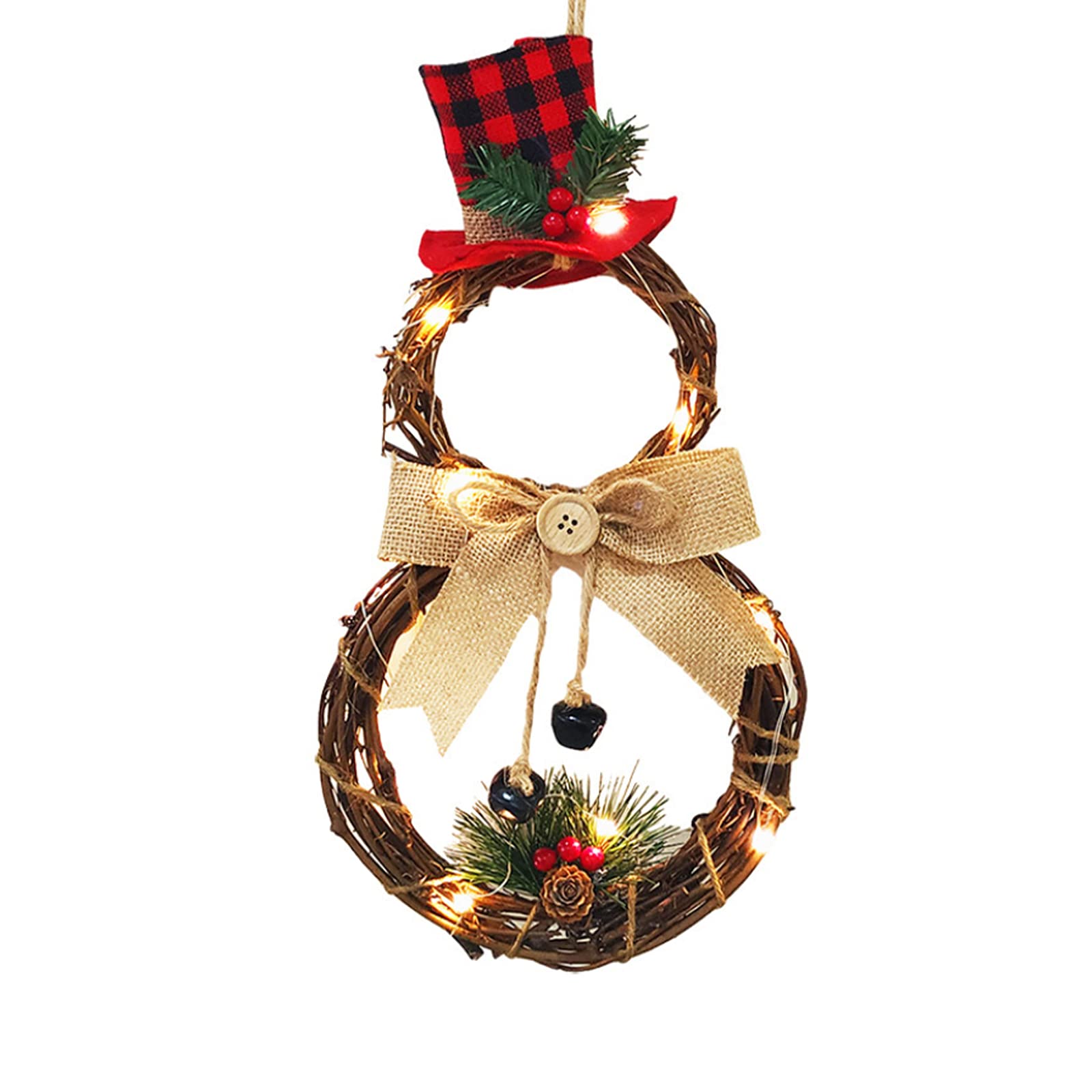 Flueyer Christmas Front Door Wreath, Snowman Christmas Wreath with Berries Pine Branches Burlap Bow and Cute Top Hat Battery Operated Xmas Wreath Decor for Party Holiday Xmas Décor