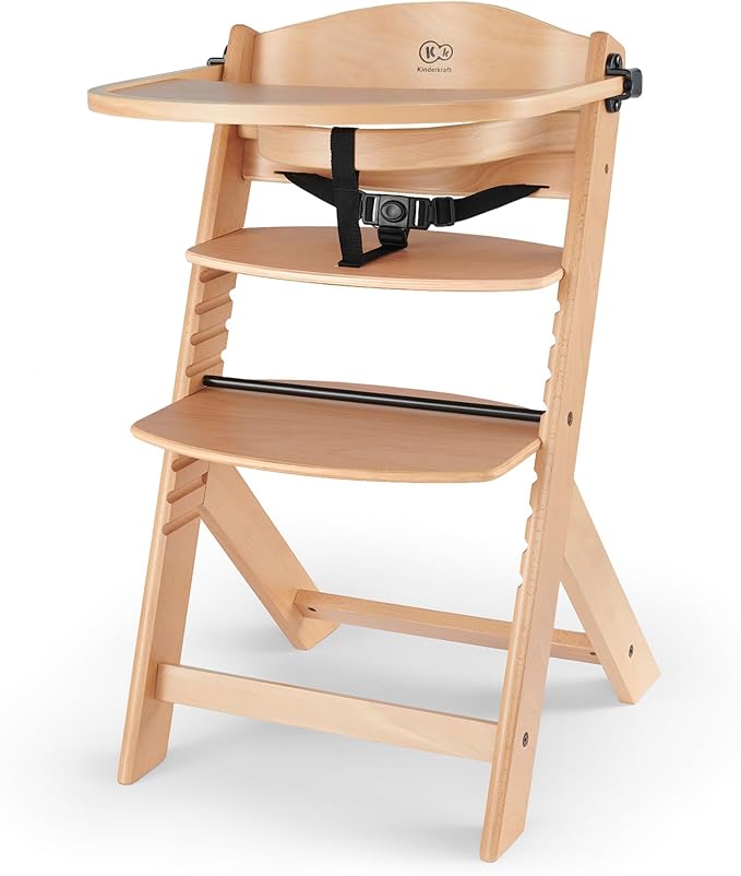 kk Kinderkraft ENOCK Trona bebé de Madera, Infantil, Portátil, para niños, Evolutiva silla alta, Ergonómica, Con accesorios: Barrera y Bandeja, Madera natural