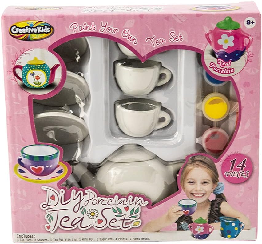 OnlineStreet Juego de té para accesorios de cocina para niños, juego de té de porcelana de 14 piezas con ollas, pinturas y pincel para niñas y niños