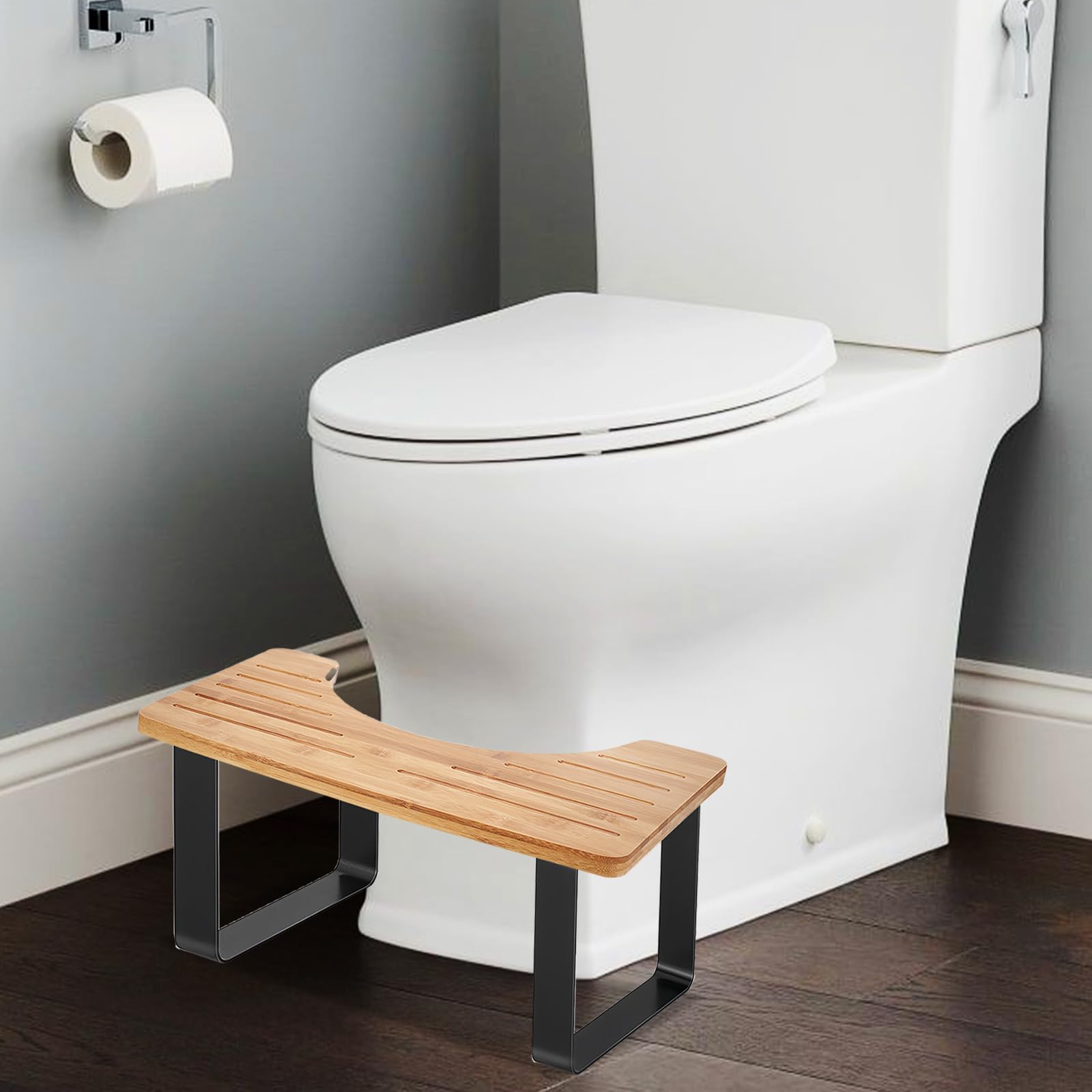 PORFOYO Sgabello WC per adulti, ergonomico, in bambù e antiscivolo, per seduta naturale, per bagno contro stitichezza ed emorroidi, per adulti e bambini