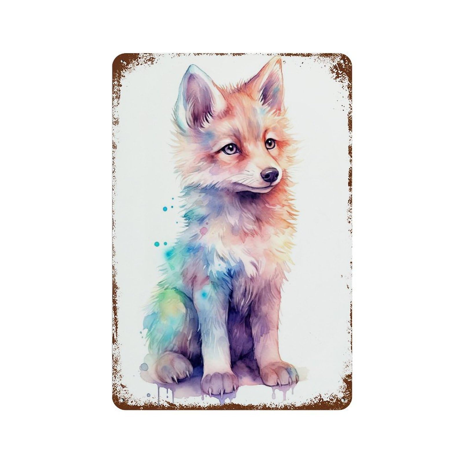 Rust Effect Cute Watercolor Baby Wolf Weathered Tin Sign 11.8"x7.9", Shabby Chic Decor for Cafe, Home Bar And Lounge Decor