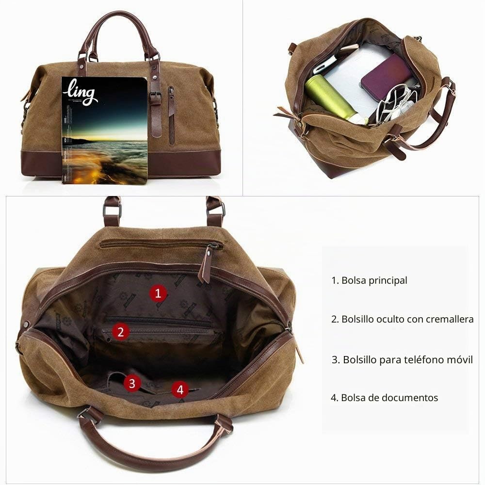 Bolsa de viaje de fin de semana, multifunción, bolso de mano, bolso de hombro para fin de semana, de lona, piel sintética, retro, bolsa de deporte, bolsa de viaje, bolso de lona, unisex, holdall,