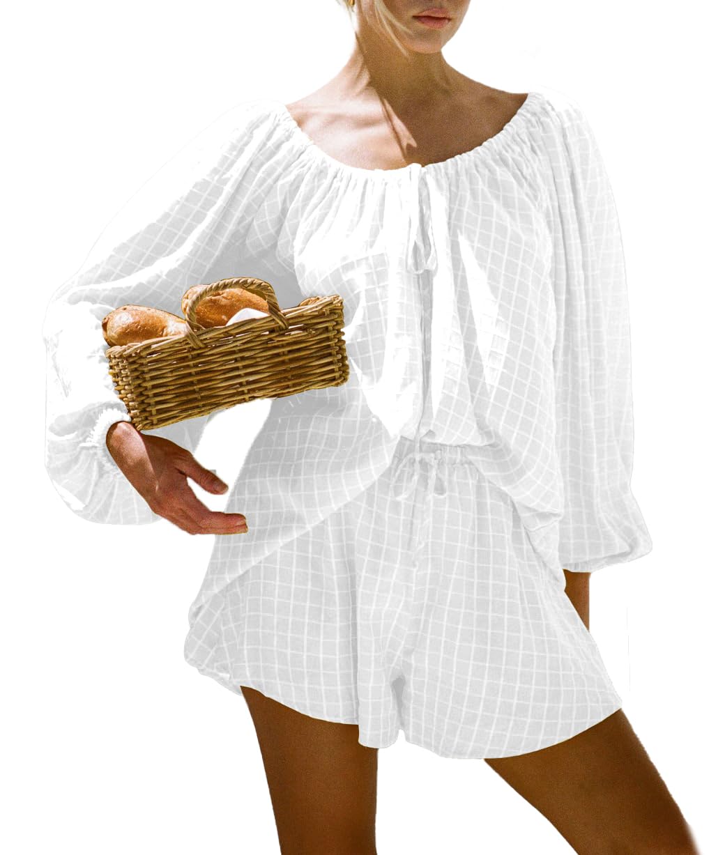 Xfileen Women Plaid Bubble Oversize Long Sleeve Top Shorts 2 Piece Cozy Beach Vacation Outfits Lounge Set Tracksuits