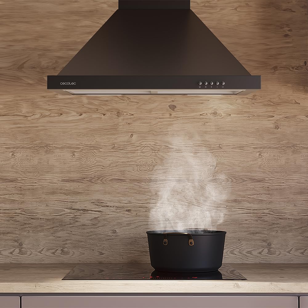 Cecotec Cappa Estrattore 60 cm Piramidale Bolero Flux PM 606500 Black A. Motore 165 W, finitura inox, aspirazione 650 m3/h, controllo meccanico, 3 livelli di potenza, luce e filtro al carbonio