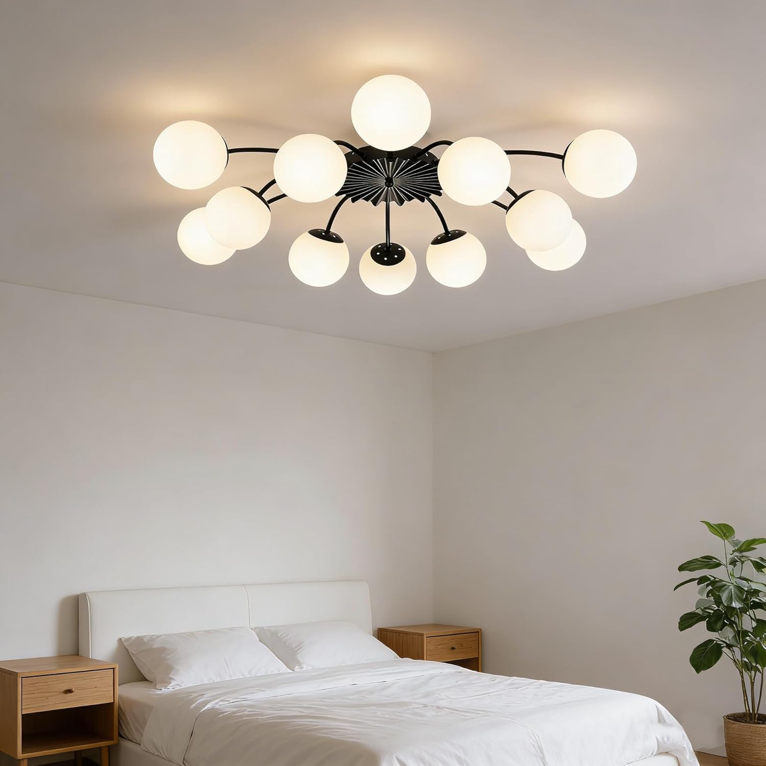 Tunepik 12 Light Modern Ceiling Light, Black Semi Flush Mount Ceiling Light with Opal Glass Globe Shades, G9 Ceiling Lamp, 3 Colour Adjustable Lighting for Living Room Bedroom Kitchen