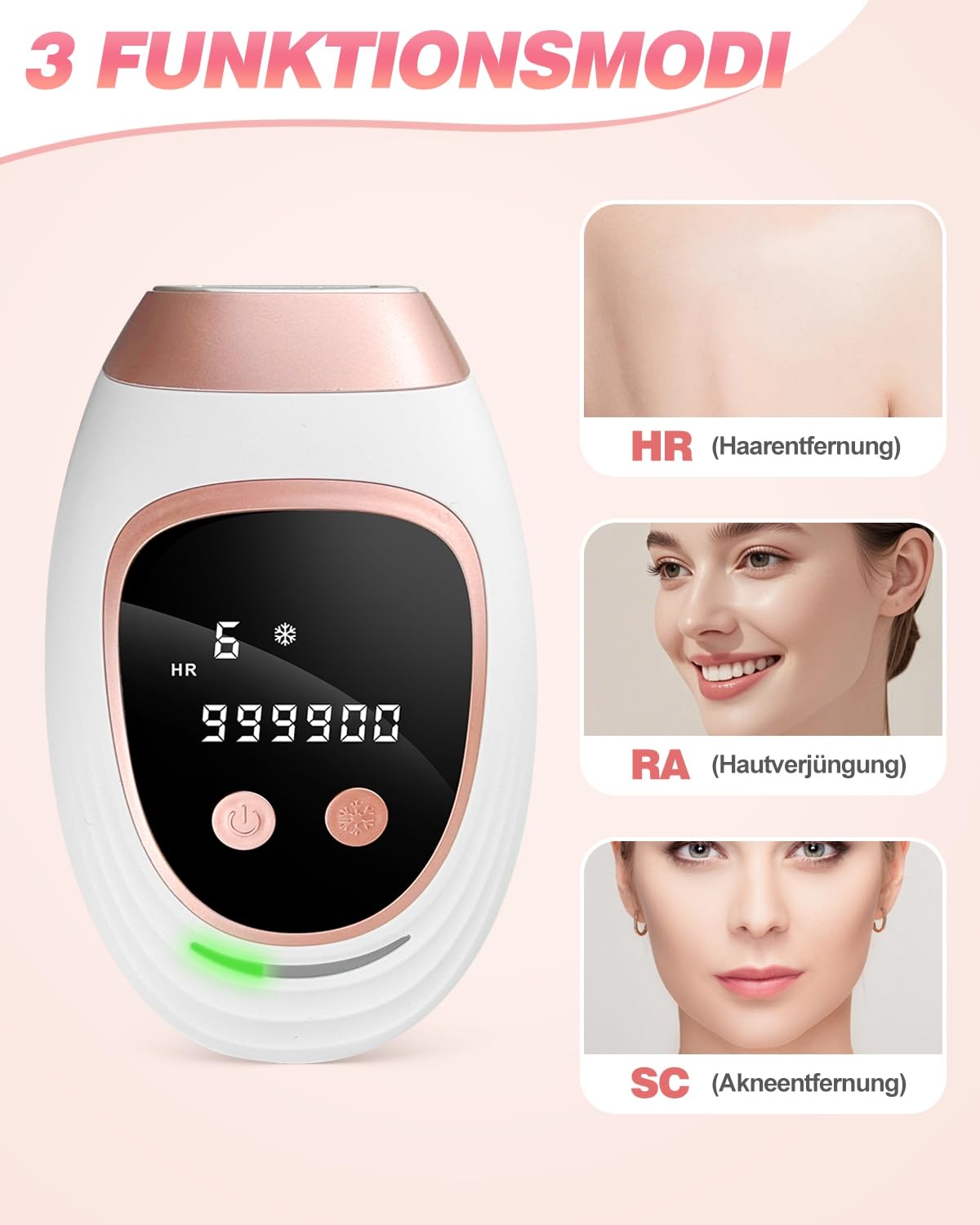 IPL Geräte Haarentfernung Laser mit Eisfunktion, 999,999 Lichtimpulse, 9 Energiestufen, HR/SC/RA, für Gesicht/Körper