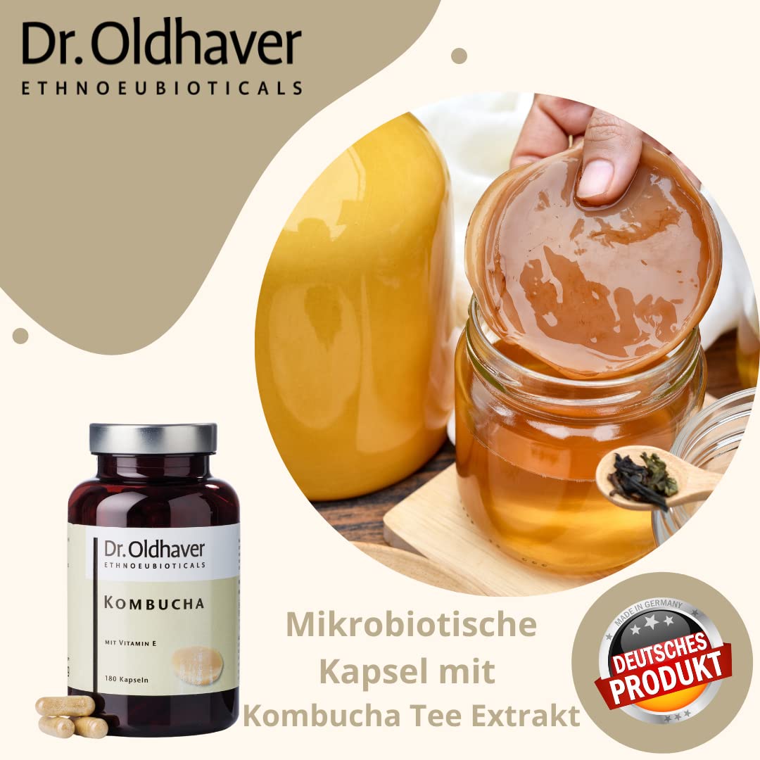 Dr. Oldhaver Kombucha + Vitamin E, Hochwertiger und Hochdosierter Kombuchatee Extrakt, Exzellentes Preis-Leistungsverhältnis, Kombination mit Vitamin E gegen oxidativen Stress, 180 Kapseln
