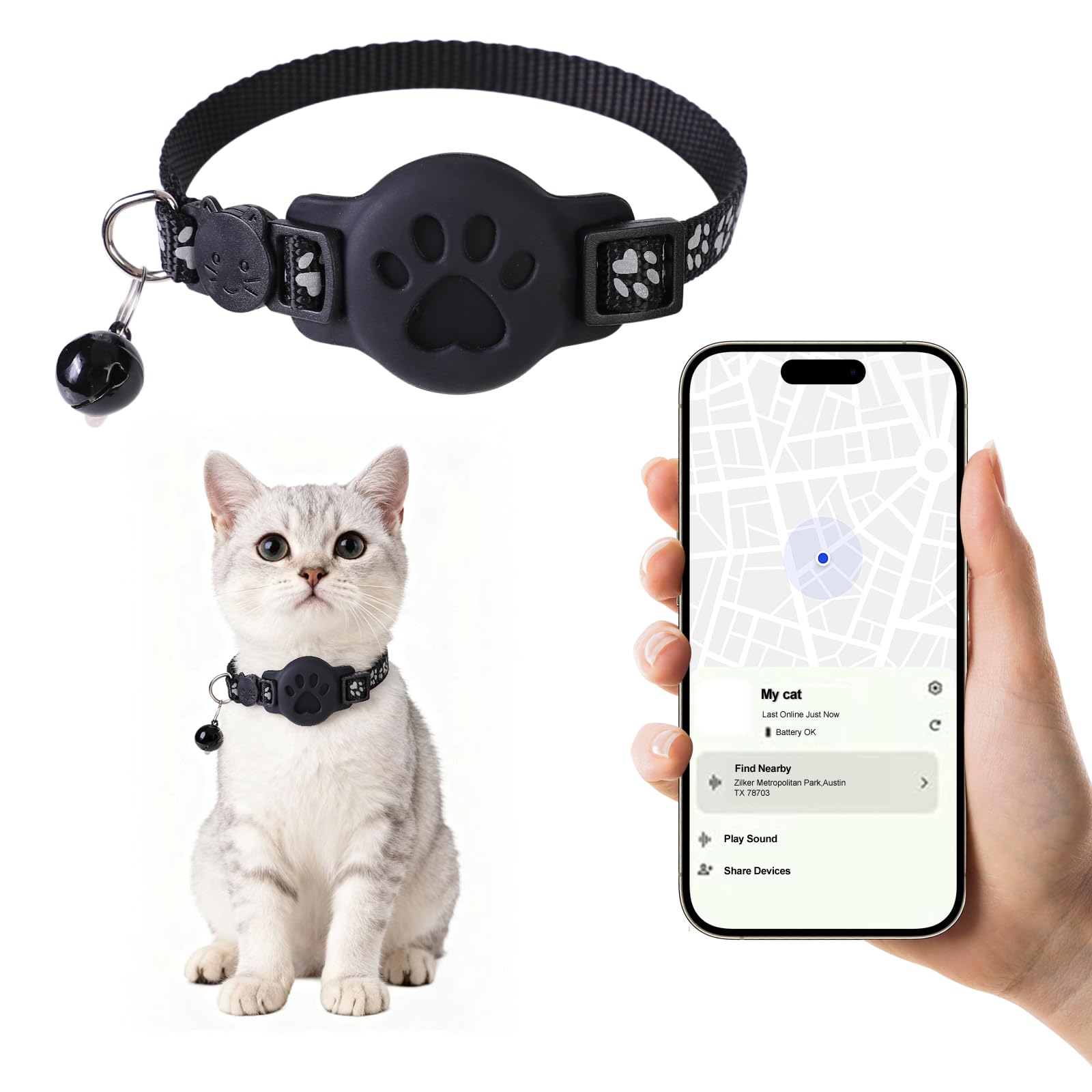 GPS Cat Collar with Bluetooth Tracker Holder - Breakaway Adjustable (7.5-12.6") for Small Cats for iOS (Findmy App) | No Monthly Fee | Waterproof Lightweight Reflective Pet Tracker