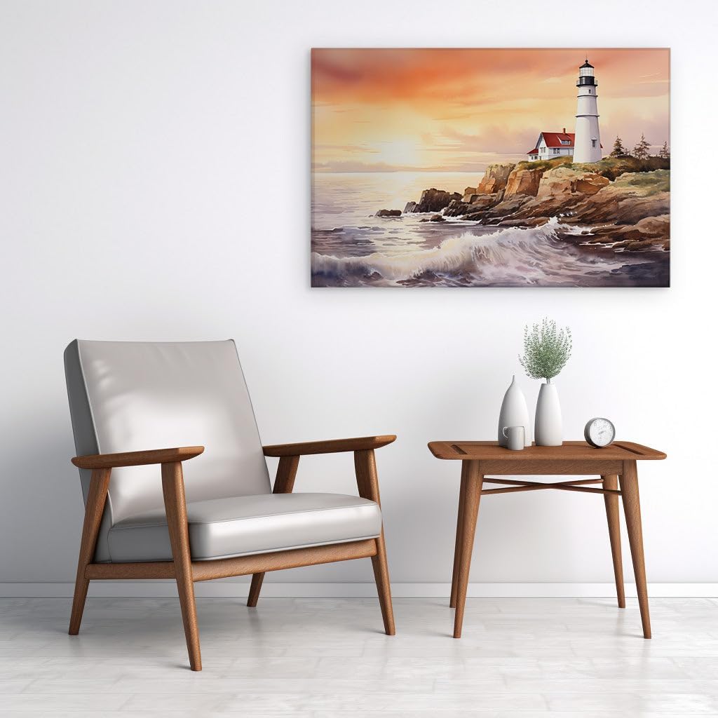 Art Wall: Lighthouse Guardian Over Rugged Shores At Sunset - a Watercolor Symphony of Serenity and Awe. Interior Decor, Canvas Art Design, Art Apartment Decoration. Size: 69x46 cm (27x18 inch)