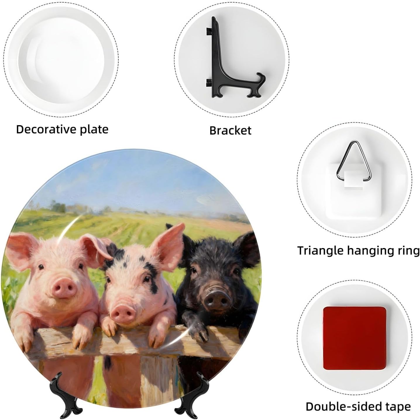 Three Cute Pigs Style Ceramic Plate Display Decorative Plate With Stand Wall Hanging Plate For Home Decor 10 Inch