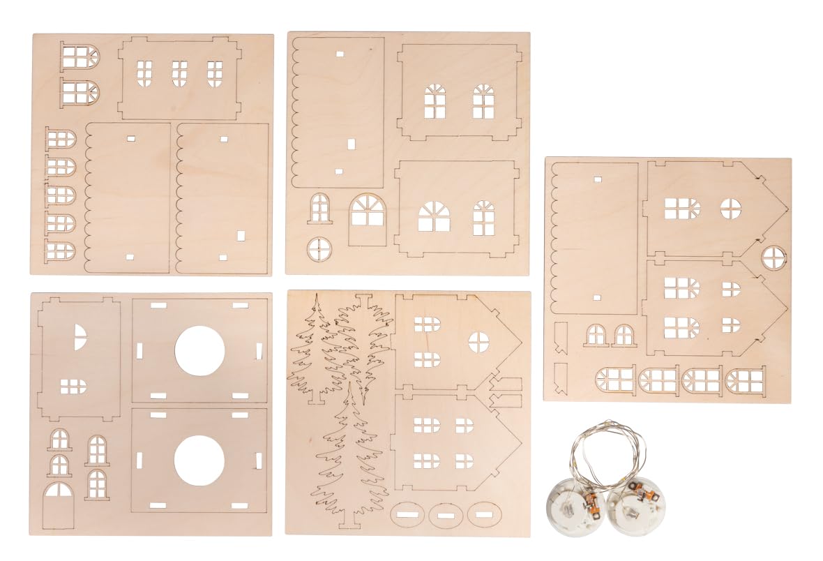 Rayher Wooden Light House Kit, FSC Mix Credit, Natural, 7-10 cm, 48 Pieces, LED Fairy Lights, Box 1 Set, 46756505