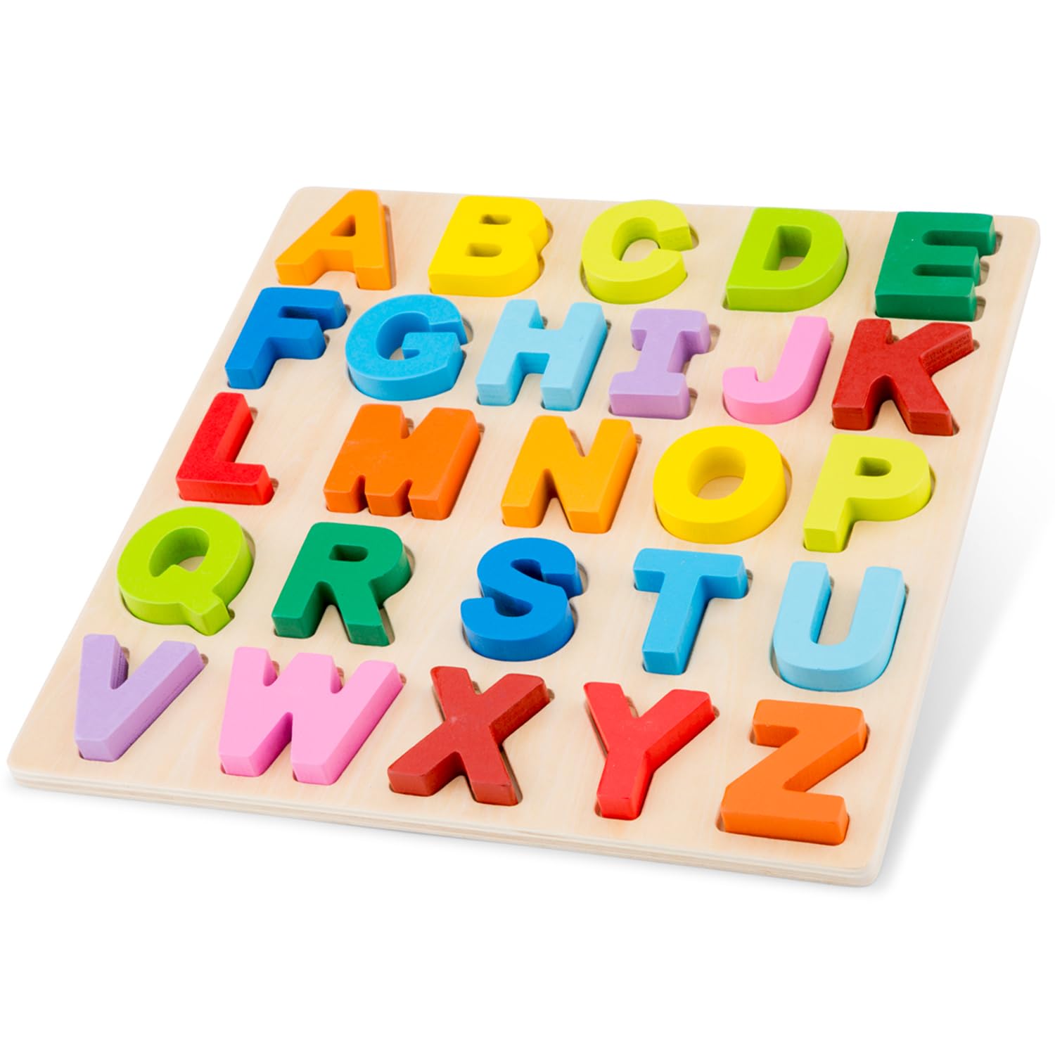 Woet® Puzzle Alfabeto A a Z, Letras Mayúsculas, Juguete de Madera, Método Montessori, Aprender ABC, Lectoescritura, Preescolar, Colores, Motricidad Fina, Coordinación Mano Ojo, A Partir de 2 Años