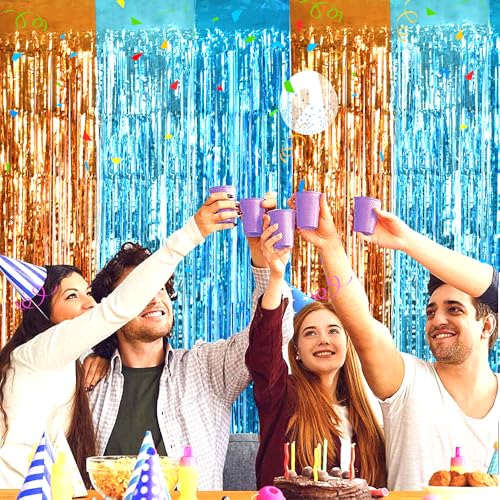 Image of TONIFUL Orange Blue Door Streamers,Blue and Orange Photo Booth Backdrop Metallic Streamers Foil Fringe Curtain for Birthday,New Year,Graduation,Grad,Bachelorette Party Streamers Decoration