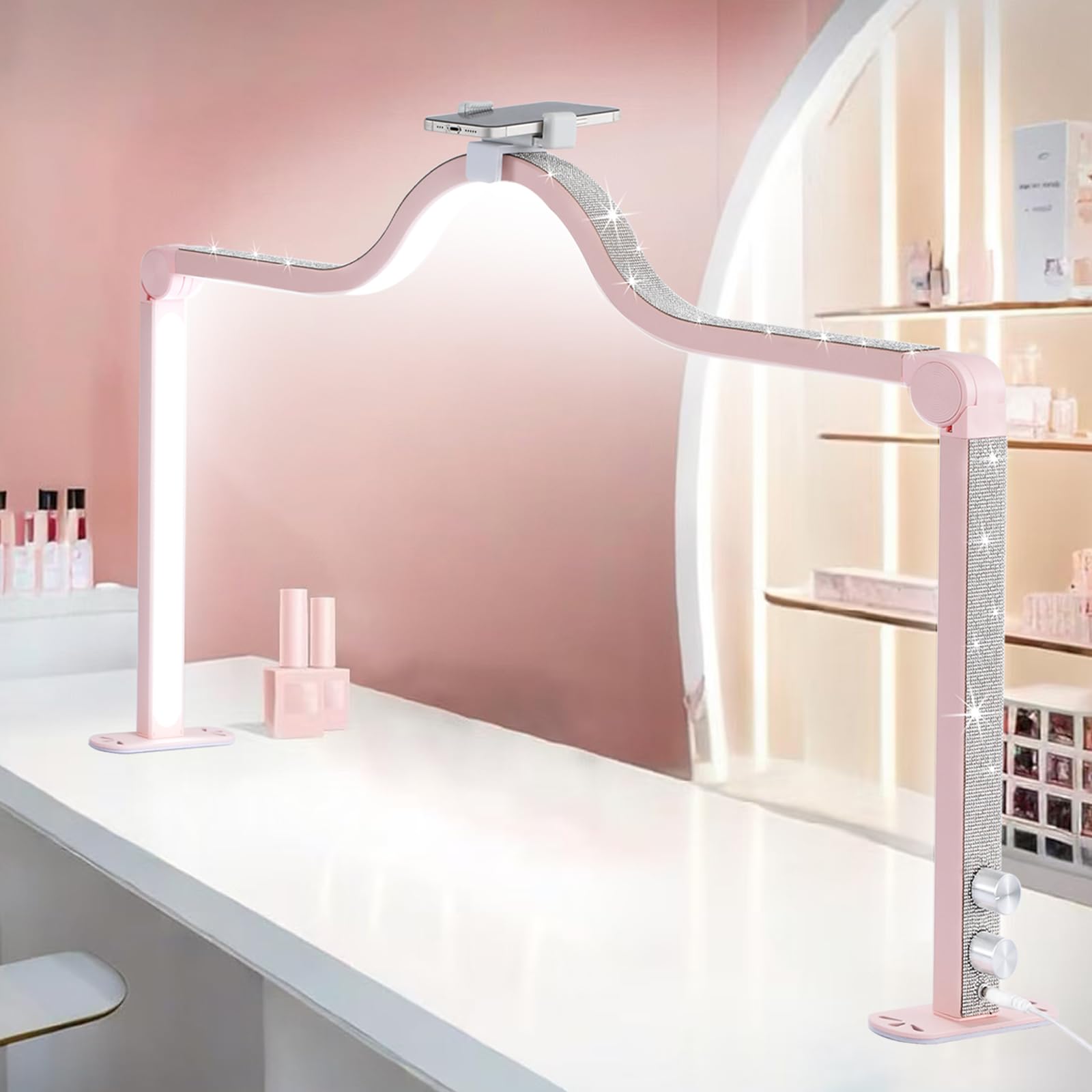 Upgraded Nail Tech Lamp for Desk, 34 in Foldable Large Nail Light with Phone Holder, 3 Modes 3000K-6000K LED Manicure Lamp, Half Moon Light for Lash Eyelash Extension, Tattoo, Eyebrows