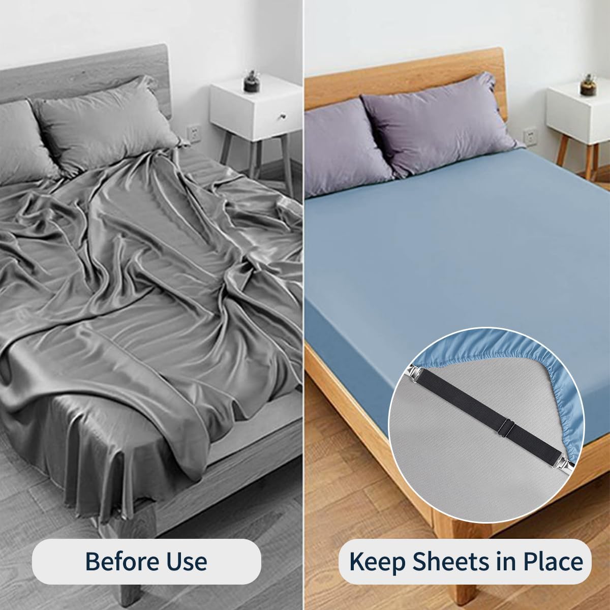 Sopito Sheet Straps, Adjustable Elastic Bed Sheet Holder, 8pcs Black | Keep Sheet Firm & Tight, Non-Slip Strong Gripping Sheet Clips, Max Stretch 26.8'' for Crib to King Size Bed, Easy to Install