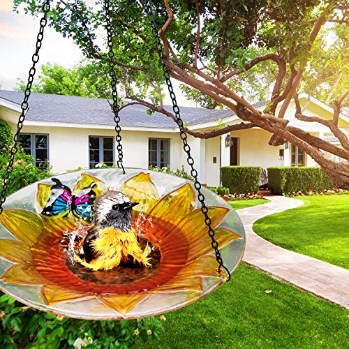 HAPDEN Hanging Bird Bath,Small Bird Feeders,Butterfly and Sunflower Birdbaths for The Garden(Yellow)