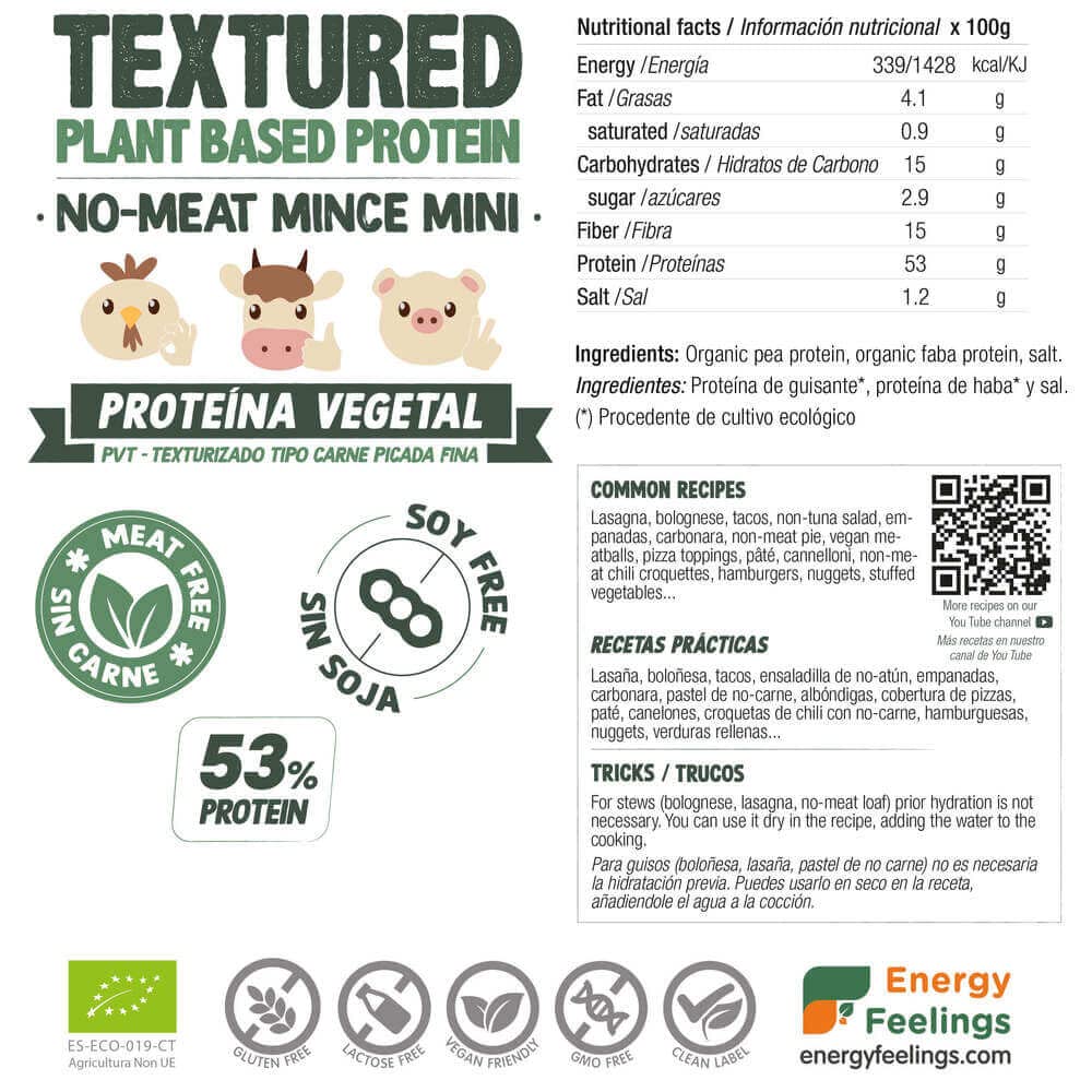 Proteína de Guisante Texturizada Tipo Carne Picada Fina 400g Vegana Ecológica 53% Proteína Sin Gluten