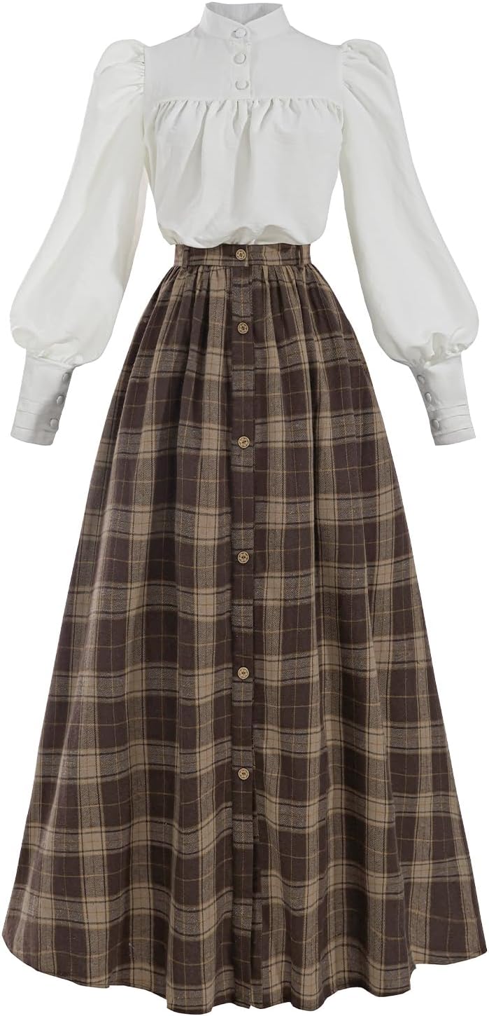 NSPSTT Victorian Dress for Women 2-Pieces Edwardian Dress 1800s Costume Plaid Maxi Skirt