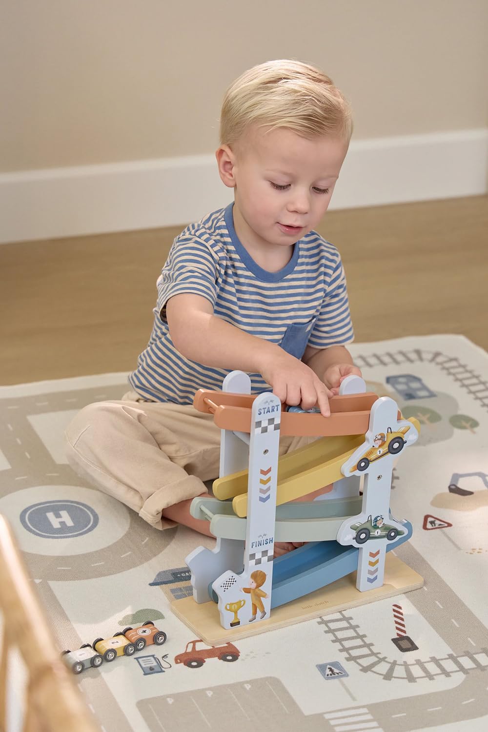 Little Dutch Pista de bolas de madera – pista de carreras de coches – incluye 4 coches – para niños y niñas a partir de 18 meses – azul