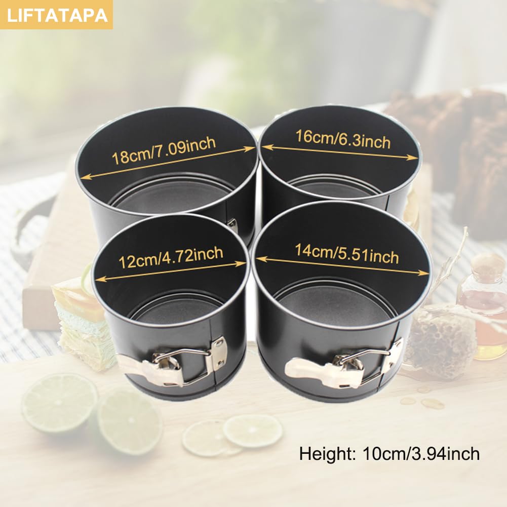 LIFTATAPA 4Pcs Springform Pan (4inch, 5inch, 6inch, 7inch), Non-stick Cake Tin for Baking, Detachable Bottom Carbon Steel Cheesecake Mold Deep Dish Pans Round Cake Molds(Black)