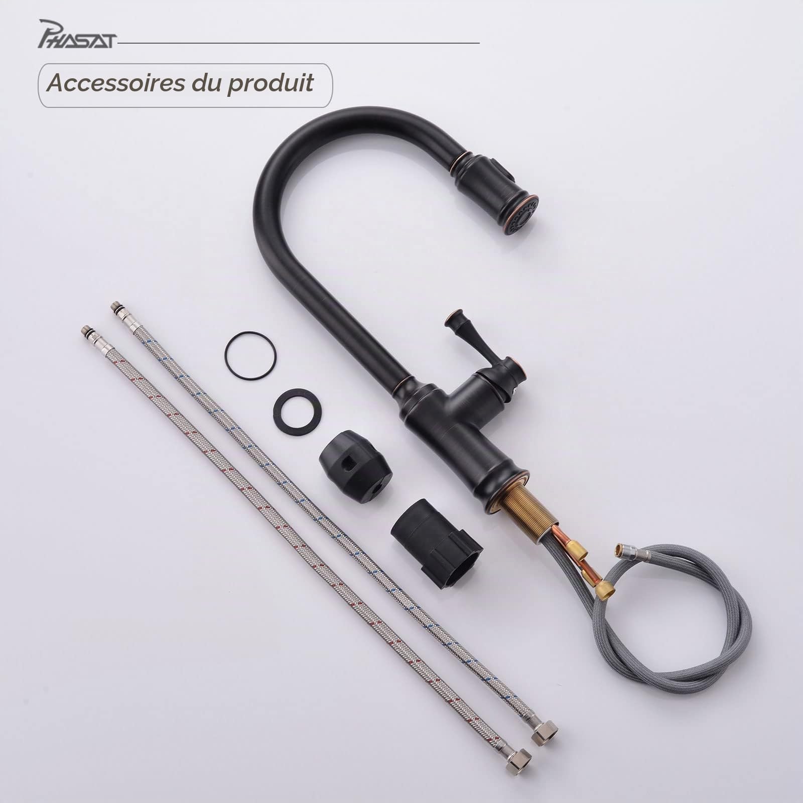 PHASAT Robinet Mitigeur de cuisine extensible avec douchette extensible à 360° 2 fonctions Robinet de cuisine ORB KZ06
