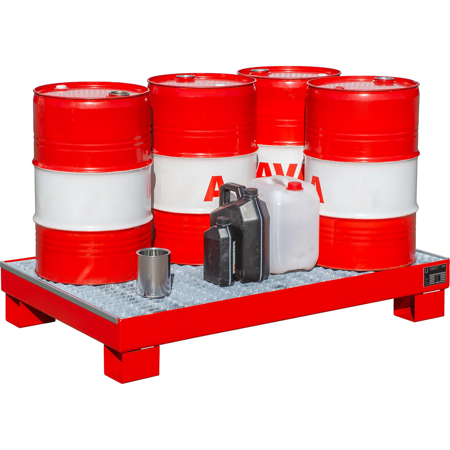 eurokraft | Stahl-Auffangwanne | LxBxH 800 x 1300 x 205 mm | lackiert rot RAL 3000 | mit Gitterrost