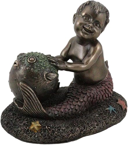 Ebros Gift Merbaby - Figura náutica de océano para niño jugando con pez globo y estrella de mar en el suelo del mar de coral, 3.75 pulgadas de