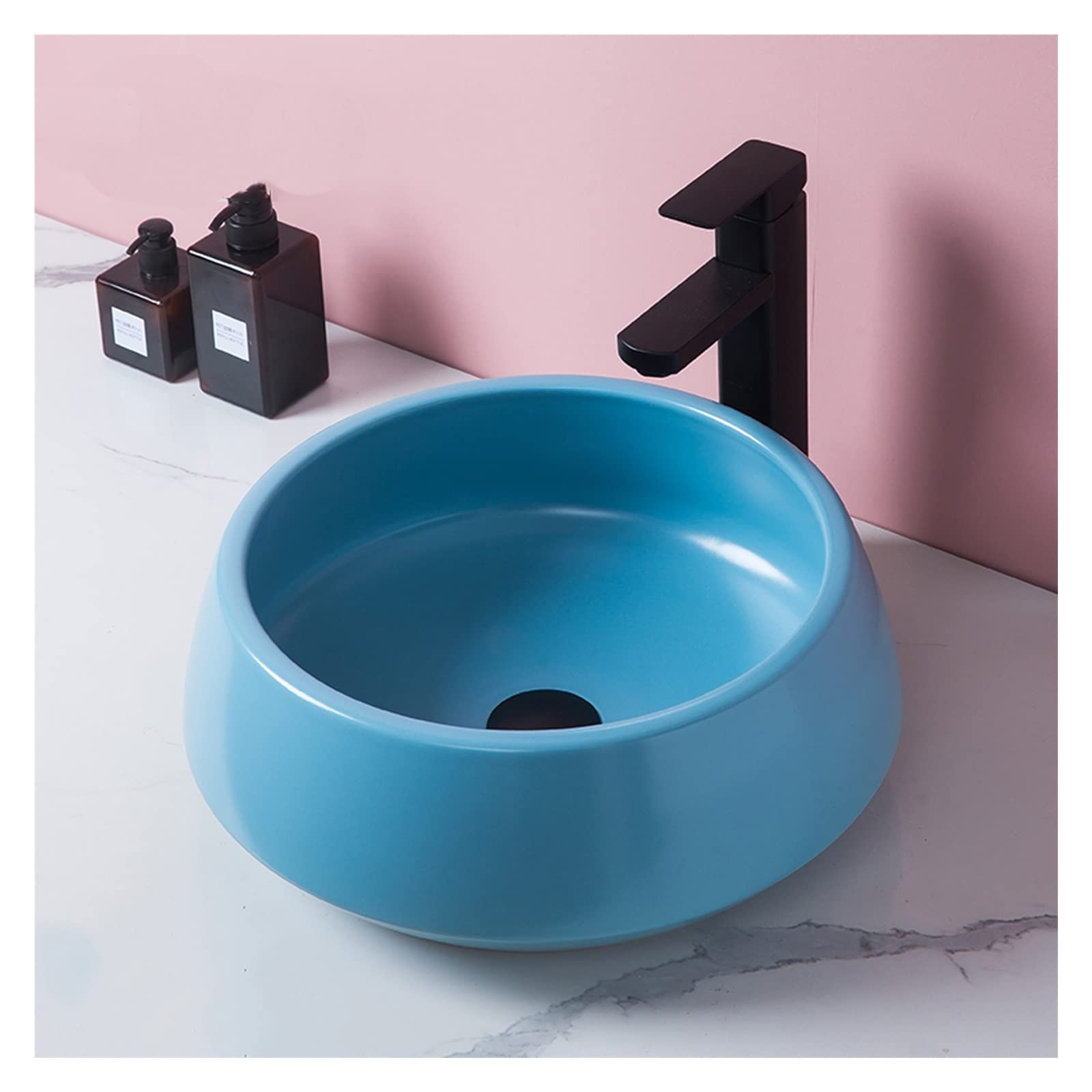Okrągła Umywalka Łazienkowa Nablatowa, Minimalistyczna Porcelanowa Umywalka Artystyczna Z Czarnym Kranem I Odpływem, Ceramiczna Umywalka Nablatowa Artystyczna, Niebieska,Blue
