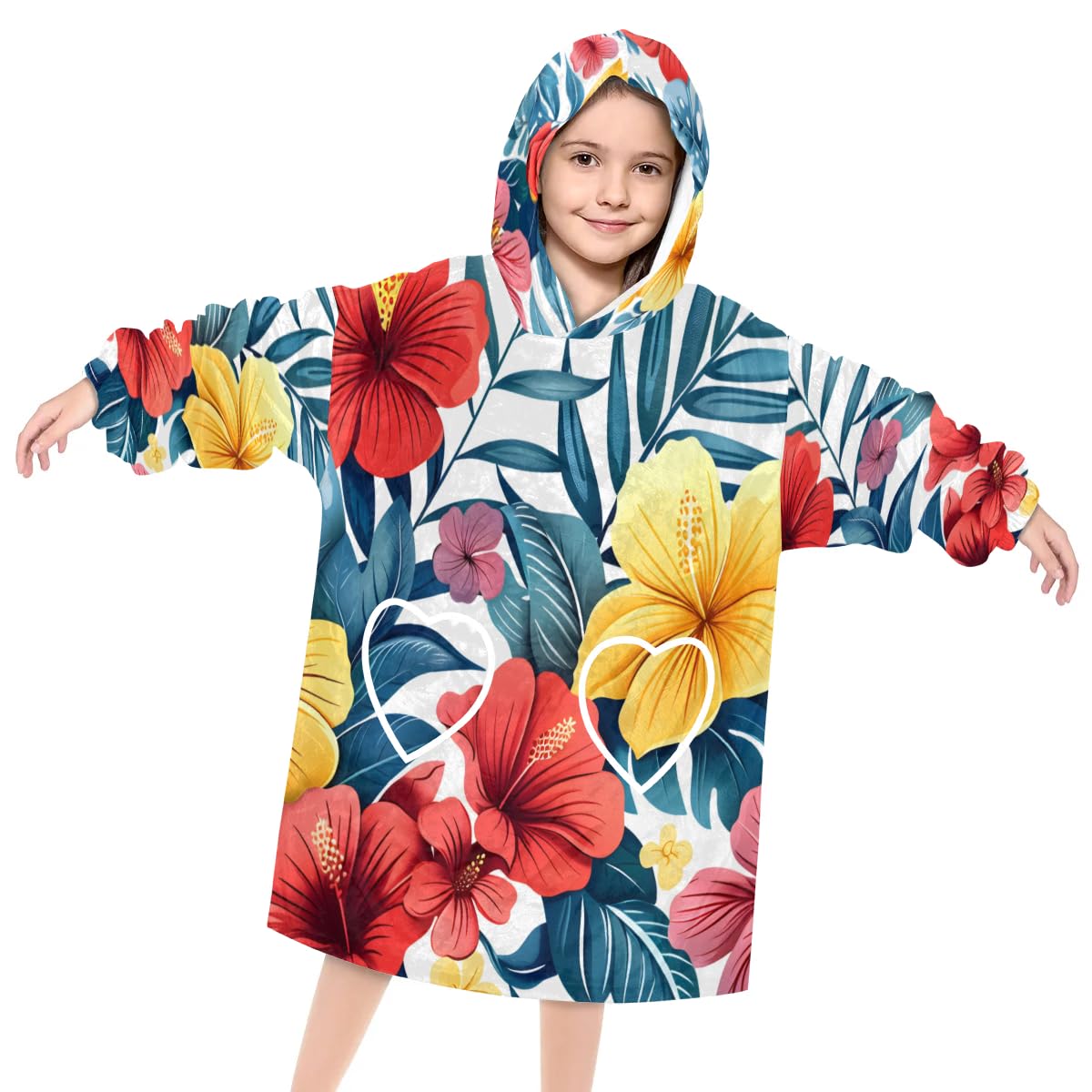 Pardick Wearable Blanket Hoodie for Kids, Glitter Flowers Fleece Sweatshirt Blanket Oversized Blanket Sweatshirt with Pocket Flannel Warm Hooded Blanket 6-10 Year Old Girl Boy Gift, One Size