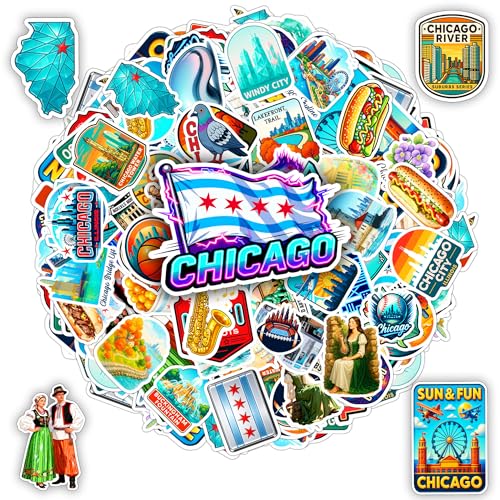 BETANAS 100 PCS Chicago Stickers Pack, City Skyline Landmark Vinyl Waterproof Sticker, Travel Decals for Laptop Water Bottle Car Helmet Scrapbook Refrigerator, Gifts for Adults Teens Travelers Unisex
