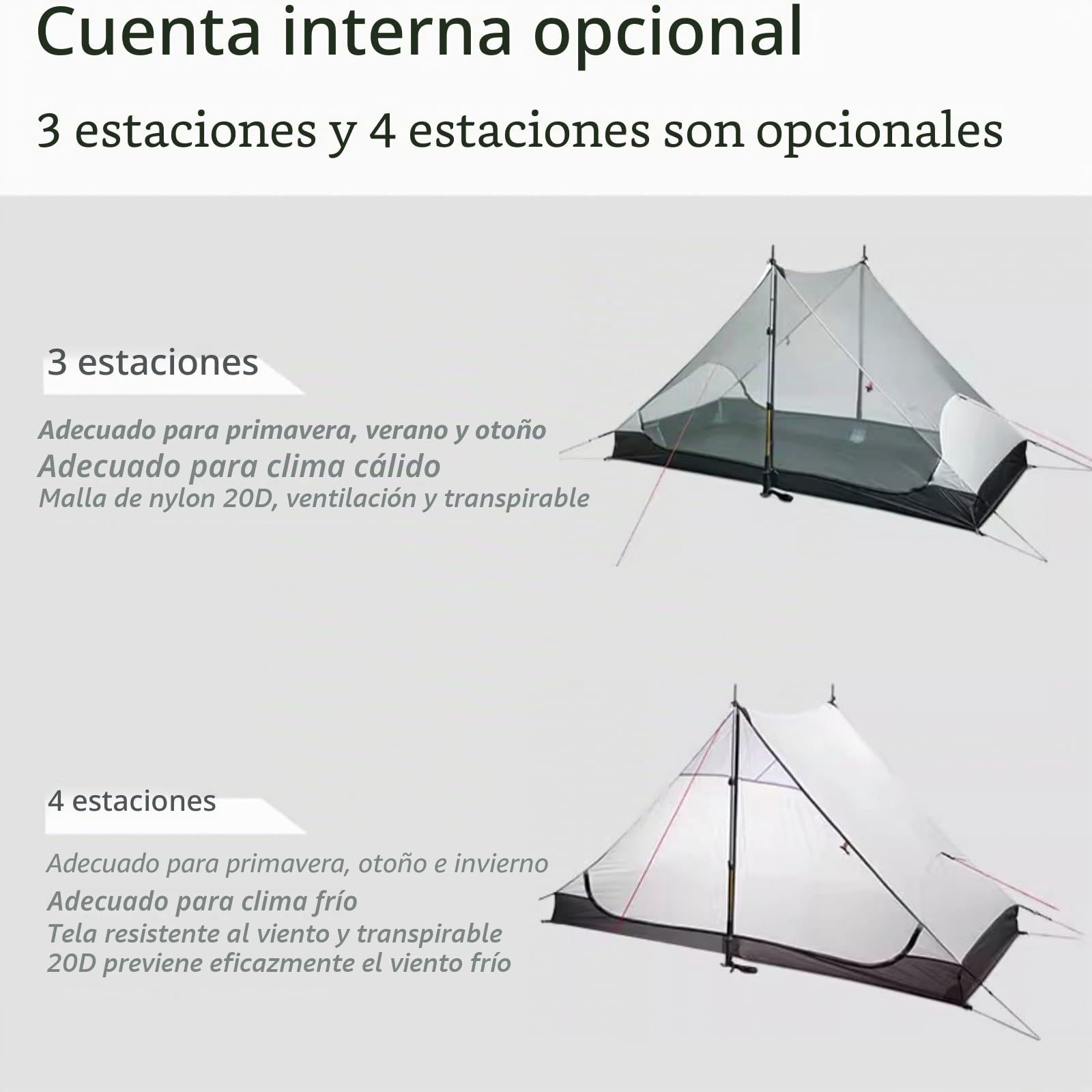 3FULGEAR Lanshan 2 - Tienda de campaña Ultraligera para 2 Personas, 3/4 Estaciones, 15D Silnylon sin Varilla, para Camping, Senderismo y montañismo