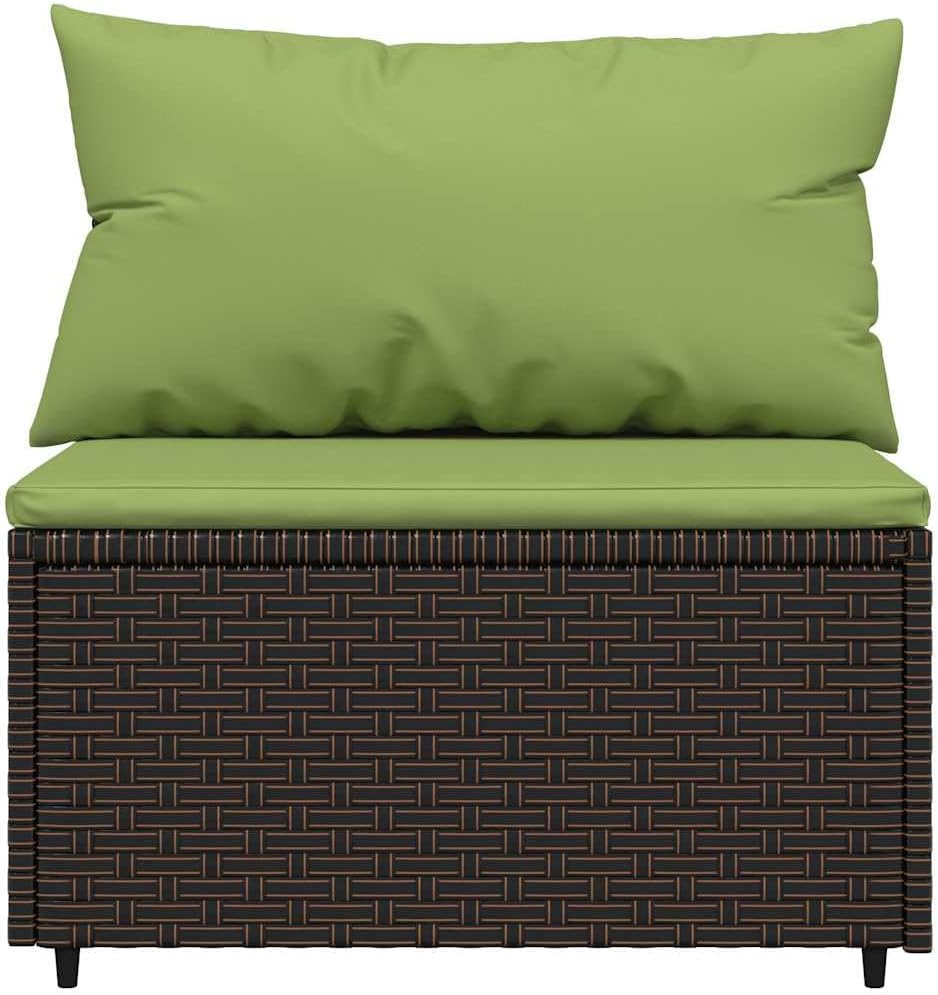 Brown PE Rattan Patio Loveseat Outdoor Modular Middle Sofa 24.8 x 22.6 in, Powder-Coated Steel Frame, Adjustable Feet, Green Cushion for Balcony Garden Backyard Seating