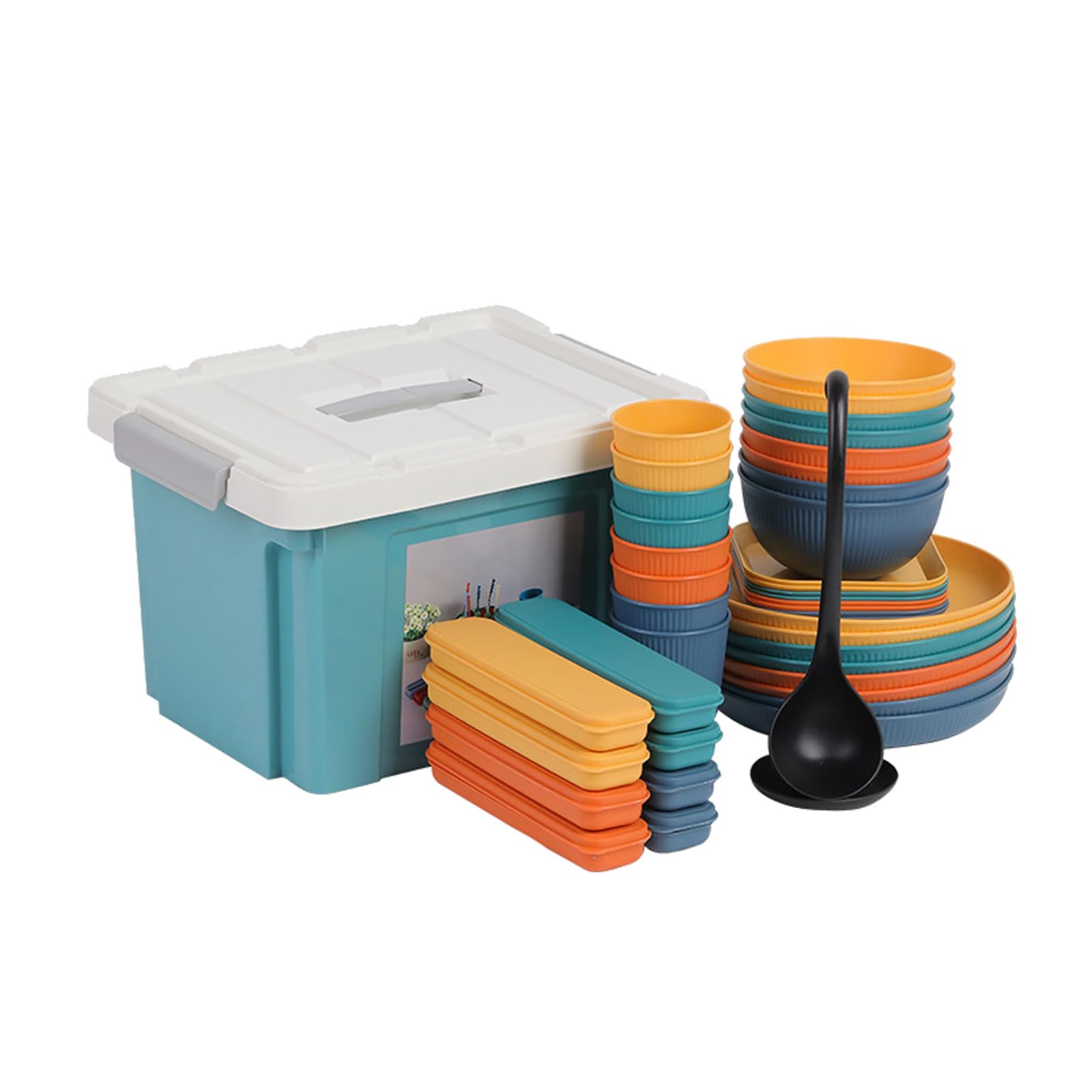Camping Geschirrset aus Kunststoff für 8 Personen mit Aufbewahrungsbox | Wiederverwendbare, Mikrowellen und spülmaschinengeeignet, Robust, Tragbar, Stapelbar, ideal für Picknicks Partys Reisen