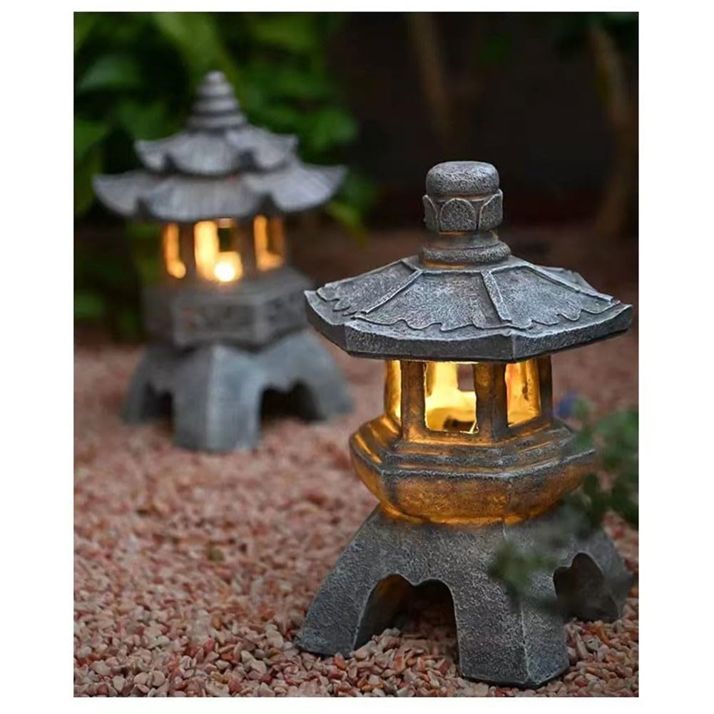 Estatua solar de resina para jardín de farol de pagoda, resistente a la intemperie, decoración zen con luz automática para patio al aire libre, gris, 26 x 14 x 14 cm
