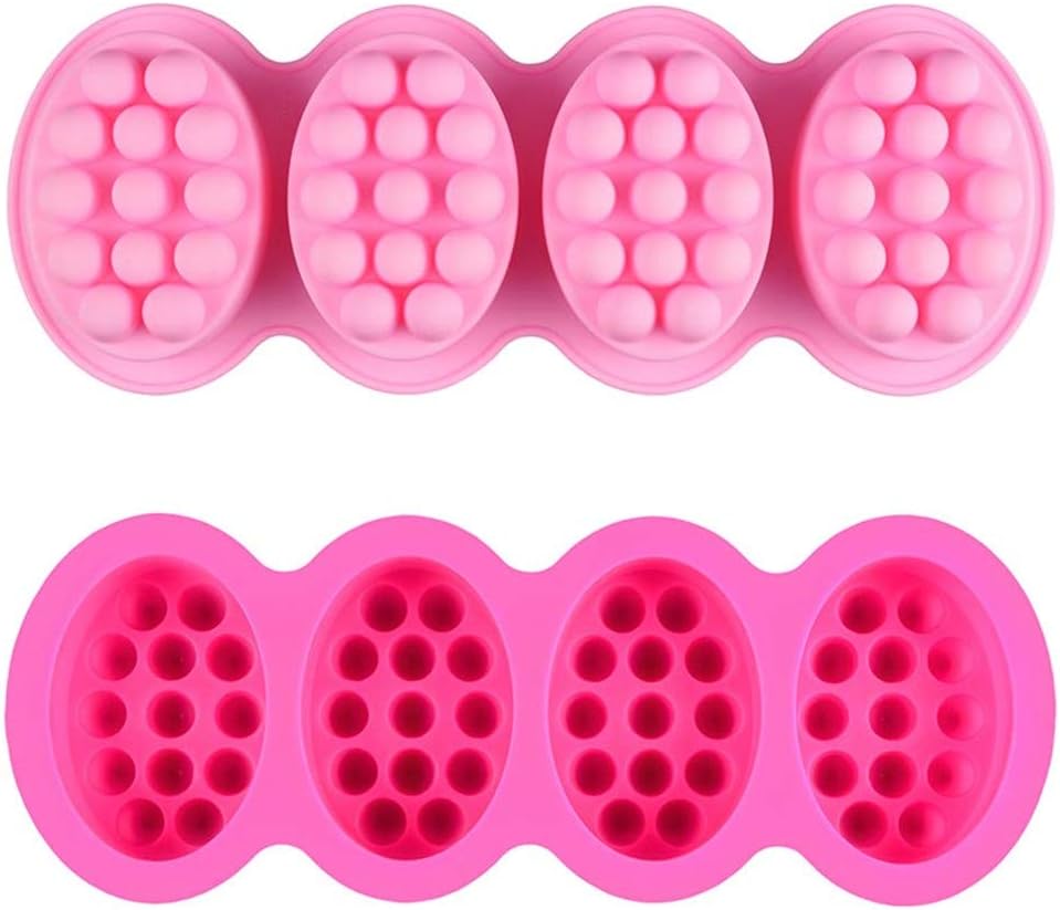 Silicone Soap Mold, 4 Cavity Oval Massage Soap Mould Cookie Chocolate Cake Mold Tray for DIY Homemade Craft (Pink)