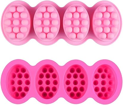 Silicone Soap Mold, 4 Cavity Oval Massage Soap Mould Cookie Chocolate Cake Mold Tray for DIY Homemade Craft Pink