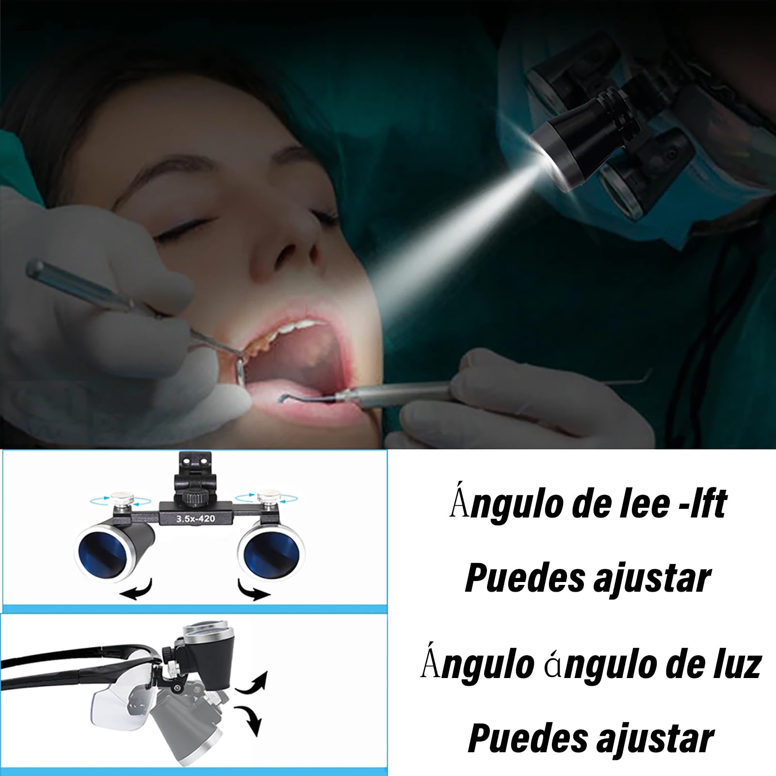 Lupas dentales binoculares con luz 3.5x 420 mm distancia interpupilar ajustable