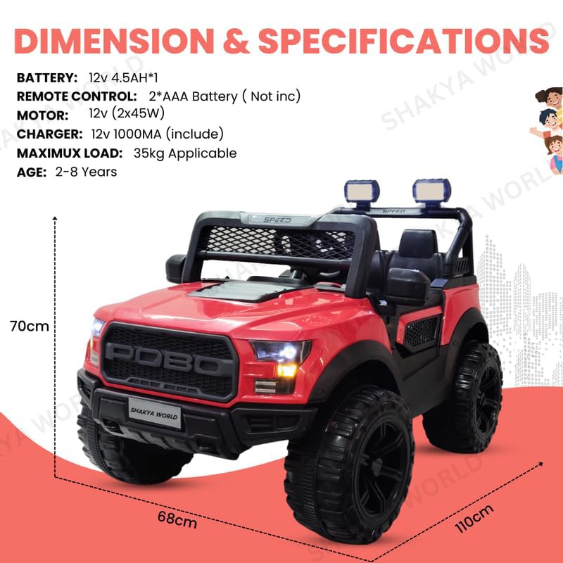 Image of SHAKYA WORLD POBO Battery Operated Jeep for Kids 1 to 8 Years Ride on with Music & Light Electric Car Jeep, Red