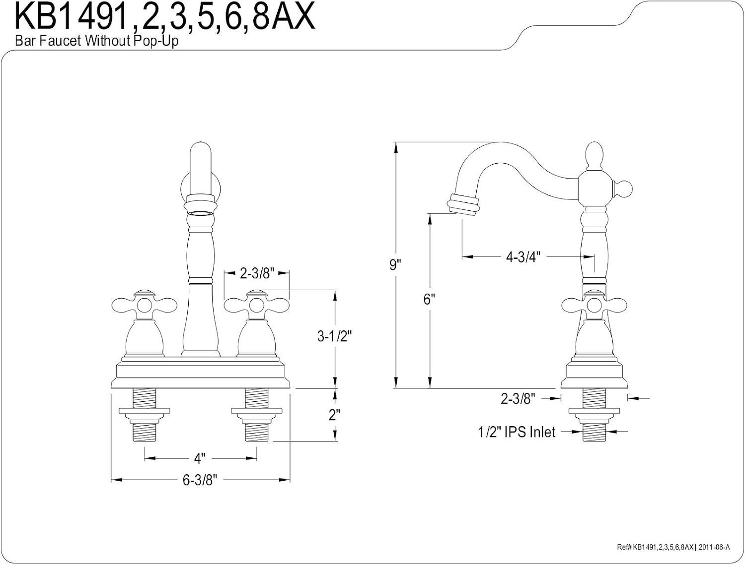 Kingston Brass KB1498AX Heritage Two-Handle 2-Hole Deck Mount Bar Faucet in Brushed Nickel