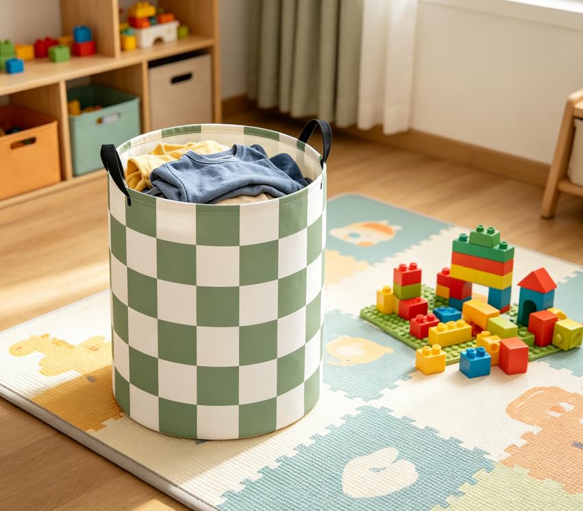 Image of Baby Laundry Basket Baby Nursery Hamper Kids Laundry Basket Toy Storage Bin for Boys Room Decor Gift Baskets for Bedroom Bathroom(Green Checkered)