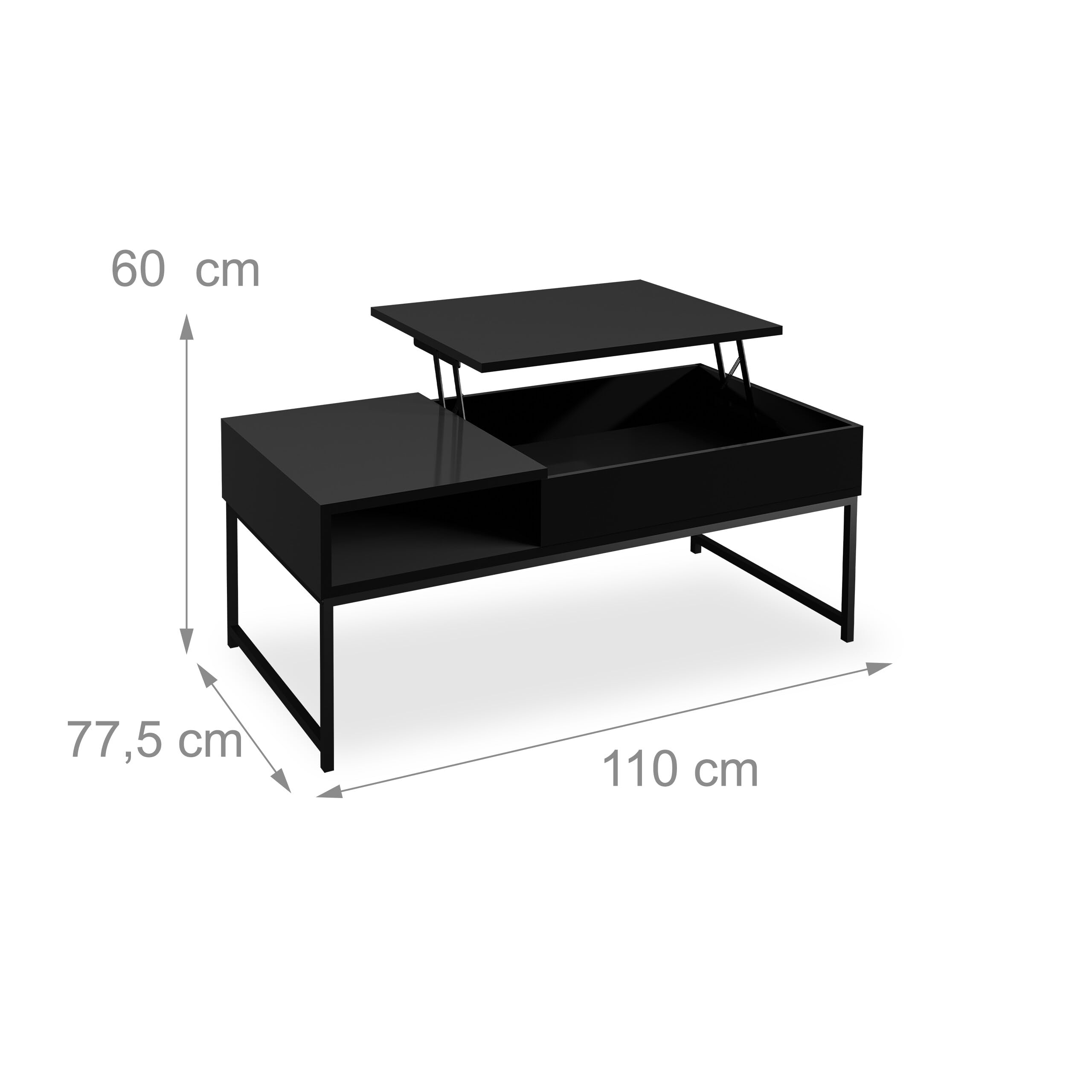 Relaxdays Stolik kawowy z podnoszonym blatem, HLP: 45x110x50 cm, efekt drewna i metalu, stół do salonu, czarny